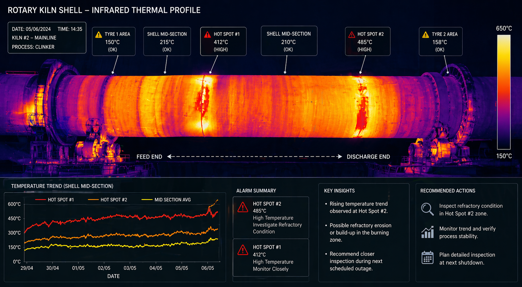Infrared shell temperature profile used for rotary kiln predictive maintenance.